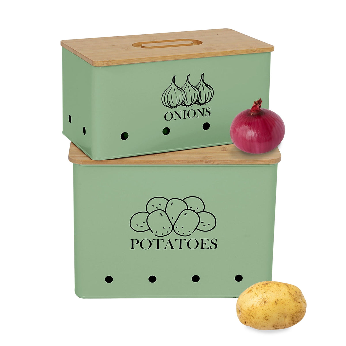 Onion and Potato Storage Canisters, Vented Metal Bins with Wooden Lids, Set of 2, Green