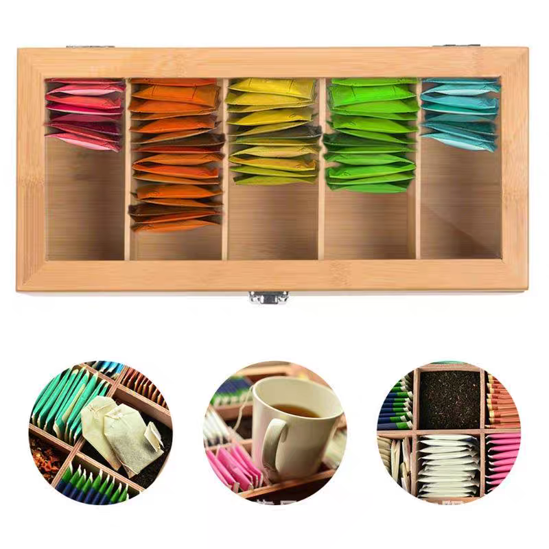 Bamboo Tea Bag Organizer Box, 5-Compartment Wooden Storage Case with Clear Lid and Metal Latch - Image 6