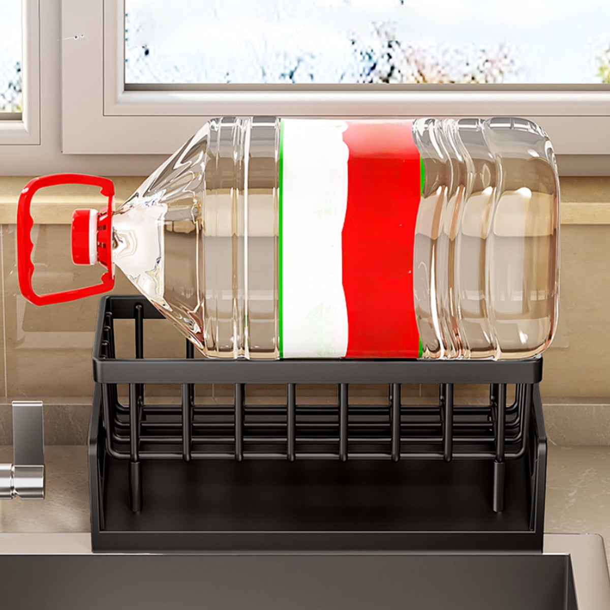 Kitchen Sink Caddy with Sponge, Brush and Soap Holder, Self-Draining Plastic Organizer, Black - Image 5