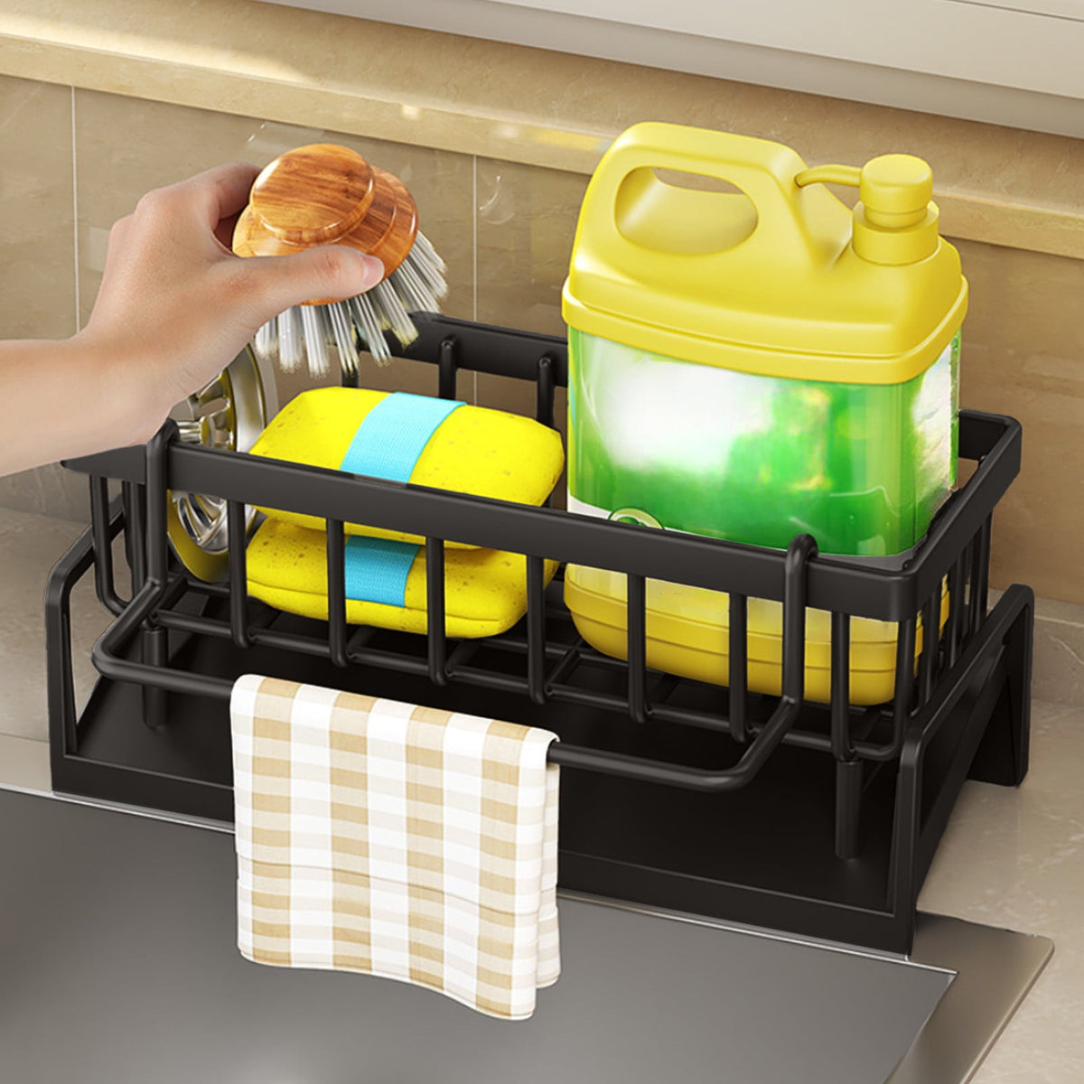 Kitchen Sink Caddy with Sponge, Brush and Soap Holder, Self-Draining Plastic Organizer, Black - Image 6