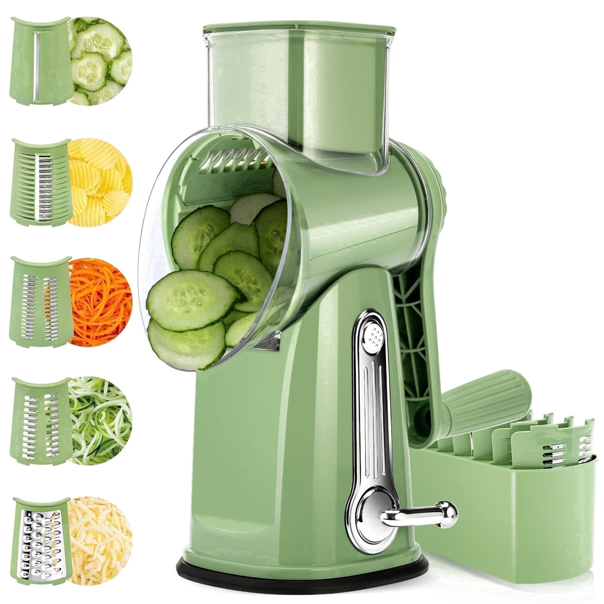 Rotary Cheese Grater with 5 Blades, Suction Base and Blade Storage Box, Green - Image 2