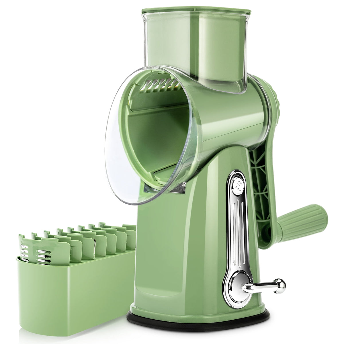 Rotary Cheese Grater with 5 Blades, Suction Base and Blade Storage Box, Green