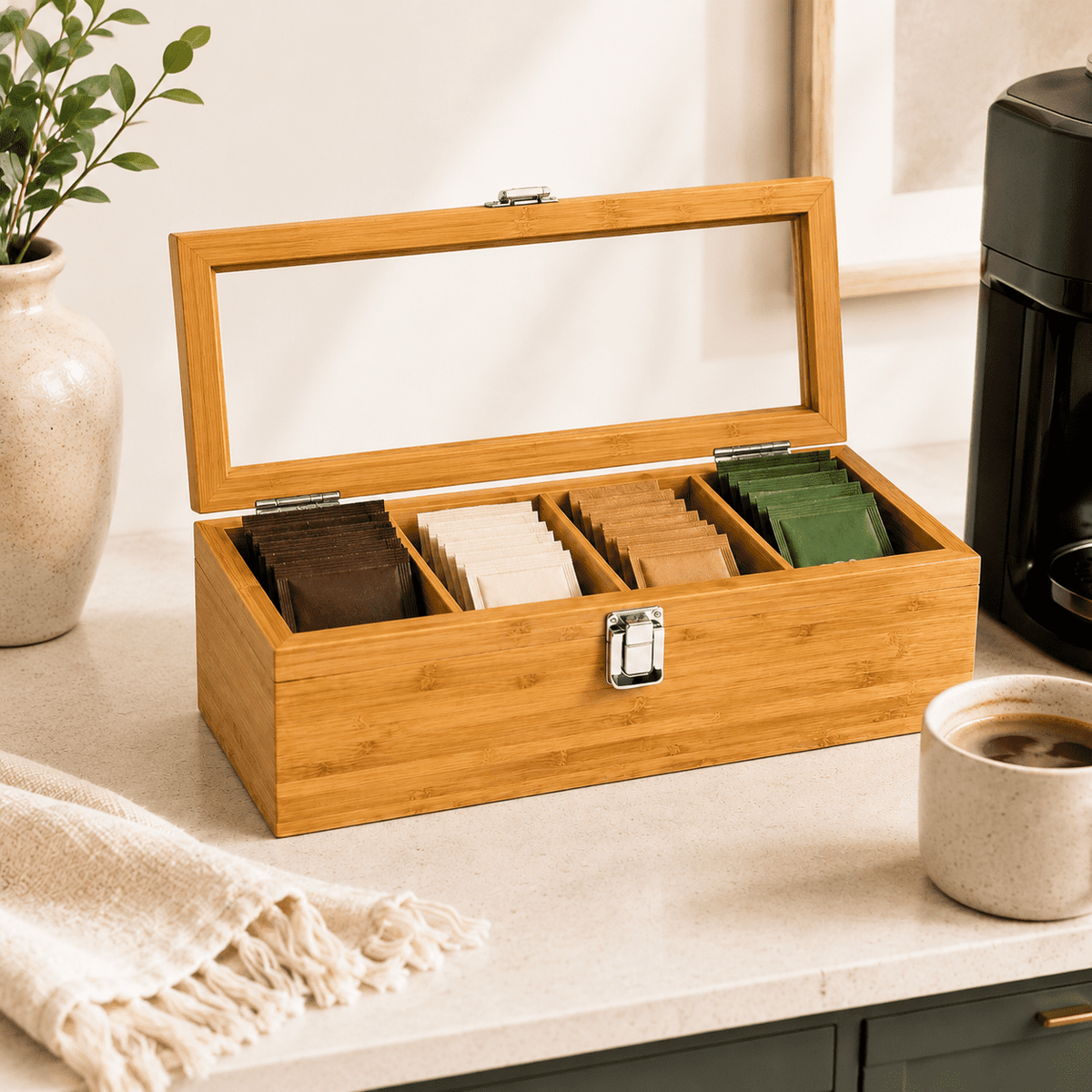 Bamboo Tea Bag Organizer Box, 5-Compartment Wooden Storage Case with Clear Lid and Metal Latch - Image 5