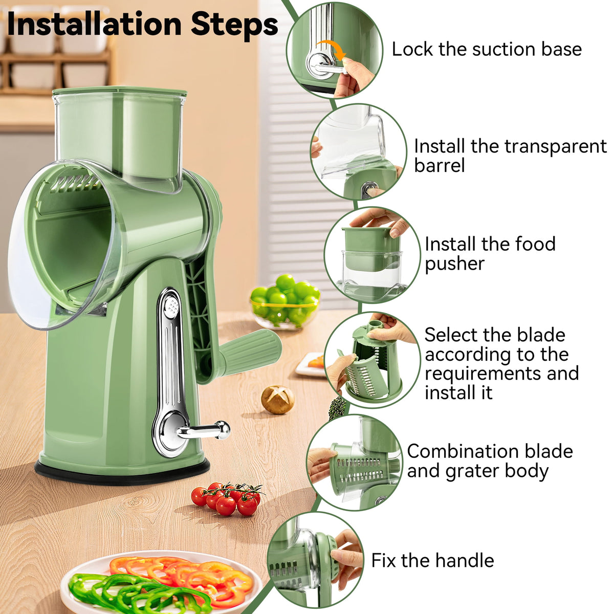 Rotary Cheese Grater with 5 Blades, Suction Base and Blade Storage Box, Green - Image 6