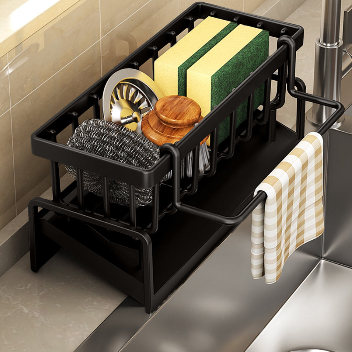 Kitchen Sink Caddy with Sponge, Brush and Soap Holder, Self-Draining Plastic Organizer, Black - Image 4
