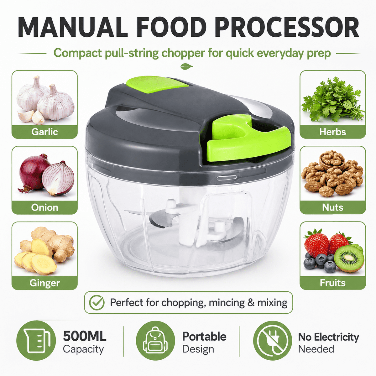 Pull-String Manual Food Chopper, 500 ml Vegetable and Garlic Mincer, Gray Green - Image 5