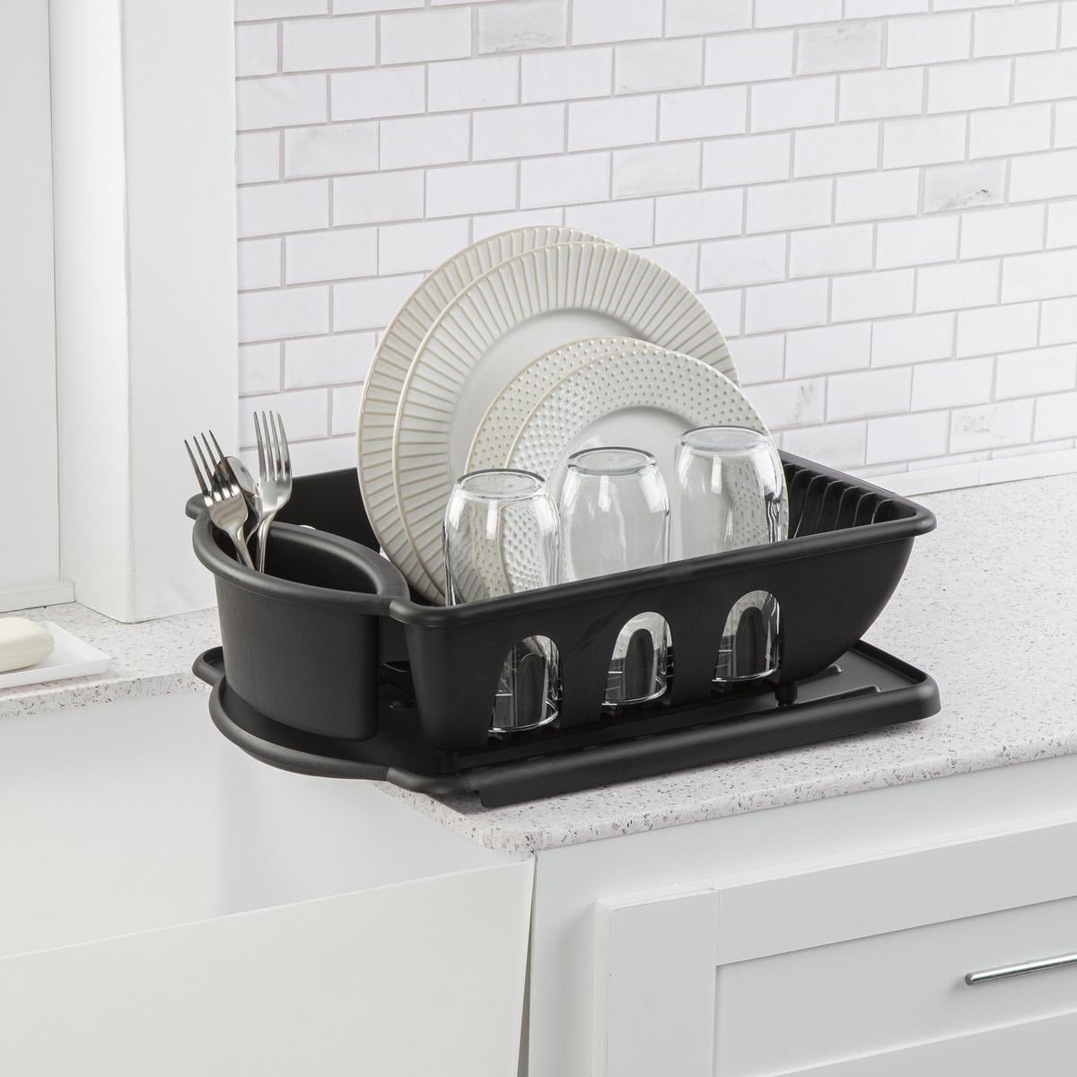 Dish Drying Rack with Drainboard and Silverware Holder, 18 x 13 x 6 Inch Plastic Set, Black - Image 5