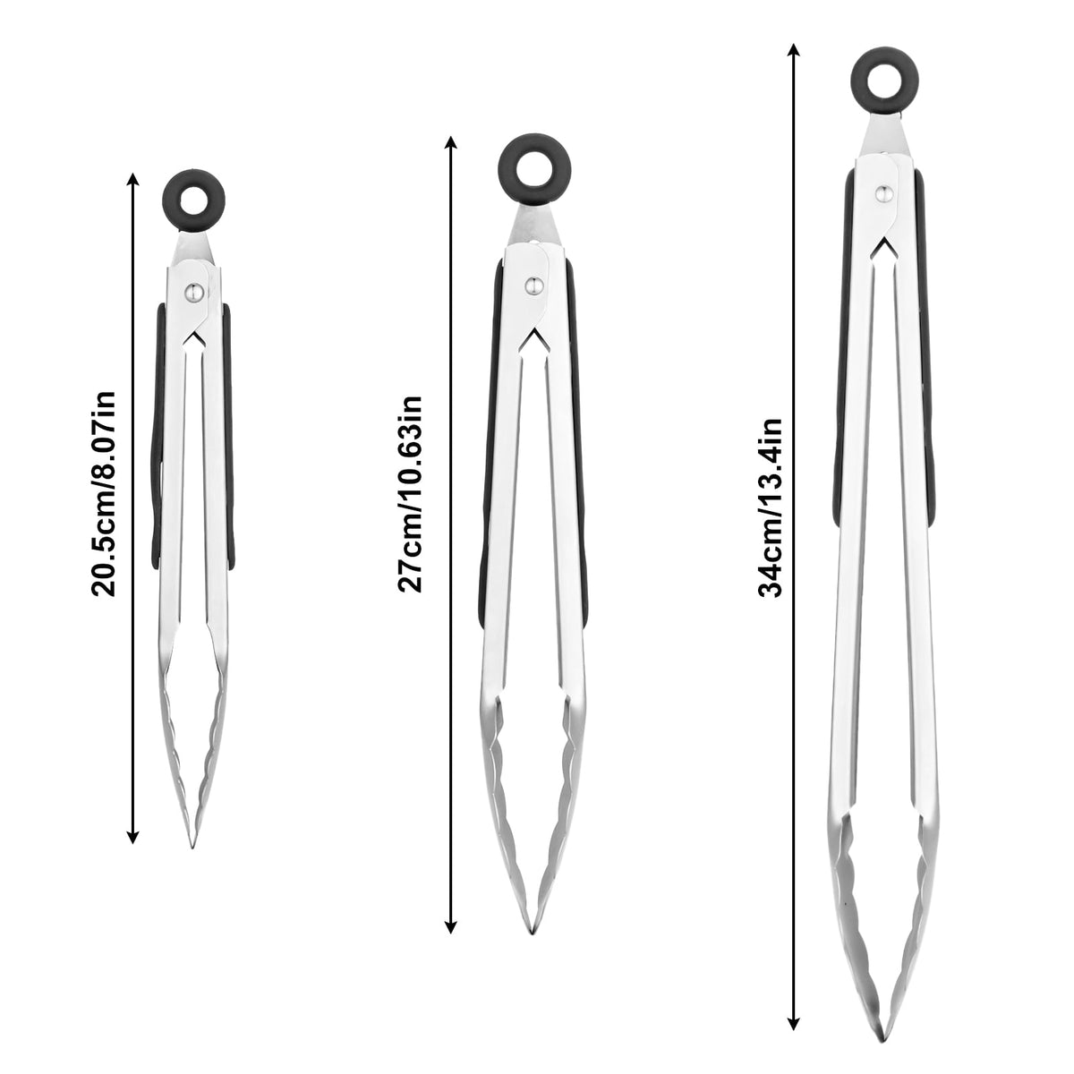 Stainless Steel Serving Tongs, 3-Piece Set with Silicone Grips, 8, 10 and 13 Inch, Black - Image 2