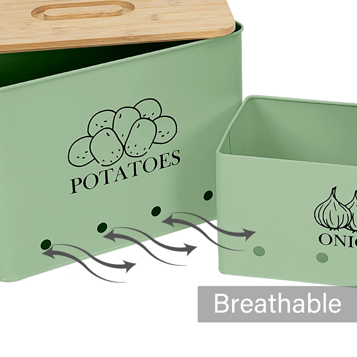 Onion and Potato Storage Canisters, Vented Metal Bins with Wooden Lids, Set of 2, Green - Image 3