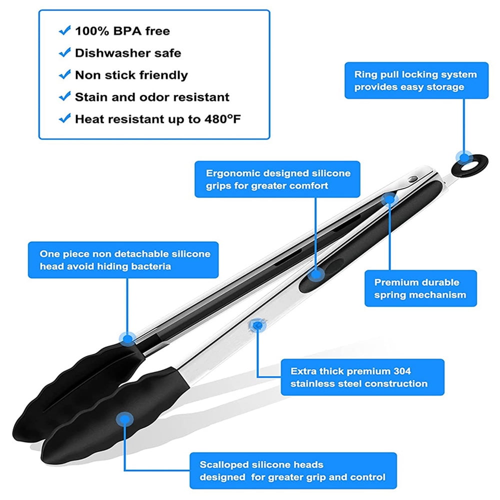 Silicone-Tipped Kitchen Tongs, Stainless Steel 3-Piece Set, 7, 9 and 12 Inch - Image 6