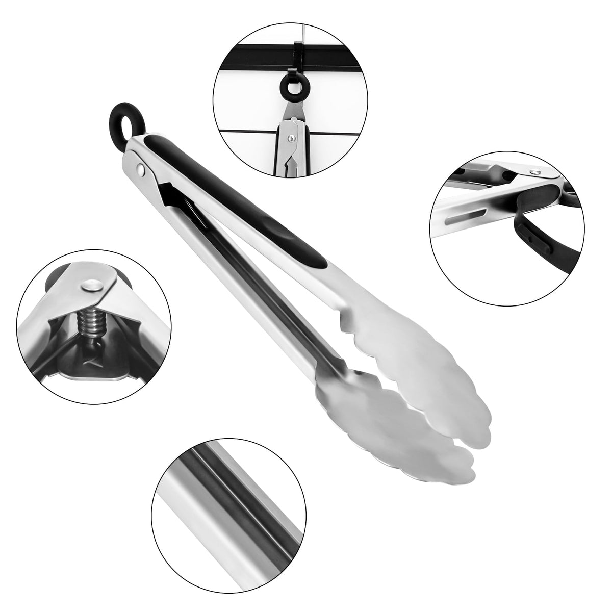 Stainless Steel Serving Tongs, 3-Piece Set with Silicone Grips, 8, 10 and 13 Inch, Black - Image 3
