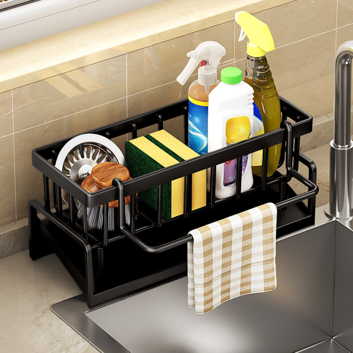 Kitchen Sink Caddy with Sponge, Brush and Soap Holder, Self-Draining Plastic Organizer, Black - Image 2