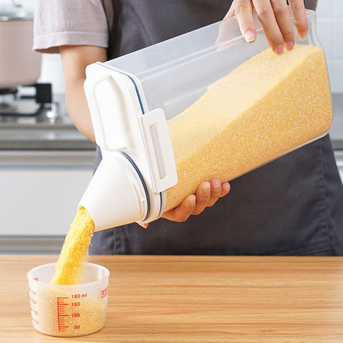 Airtight Flour and Rice Container, 5 lb Dry Food Bin with Measuring Cup and Handle - Image 2